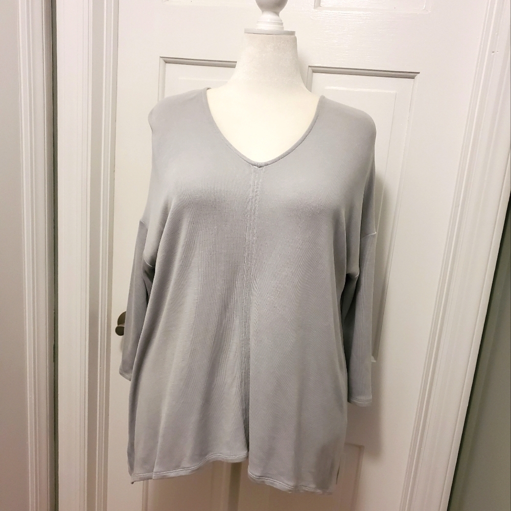Pure Jill Sand-washed Light Grey Ribbed Knit Top Size Large, Soft Stretch